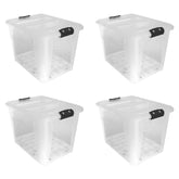 Plastic Secure Clip Lidded 60L Storage Box with Wheels Clear (Set of 4)