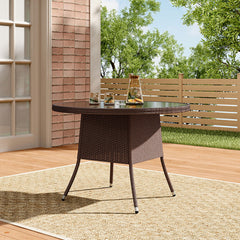 4 Seater Round Rattan Garden Table Brown with Tempered Glass Top