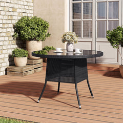 4 Seater Round Rattan Garden Table Black with Tempered Glass Top