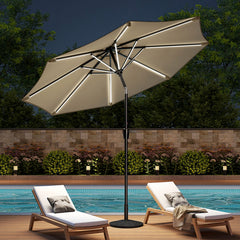 Solar LED Crank & Tilt Parasol Beige with Resin Floral Base 3M