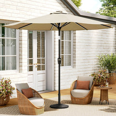 Solar LED Crank & Tilt Parasol Beige with Resin Floral Base 3M