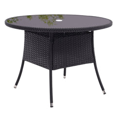 4 Seater Round Rattan Garden Table Black with Tempered Glass Top