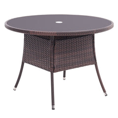 4 Seater Round Rattan Garden Table Brown with Tempered Glass Top