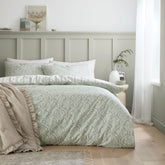Bianca Scallop Soft Green Floral Reversible Cotton Percale Duvet Set
