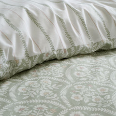 Bianca Scallop Soft Green Floral Reversible Cotton Percale Duvet Set