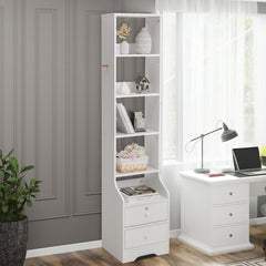 Slim 5-Tier Bookshelf with Lockable Drawers