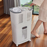 3-Compartment White Rolling Laundry Basket