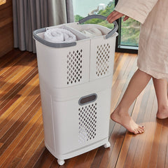 3-Compartment White Rolling Laundry Basket