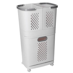 3-Compartment White Rolling Laundry Basket