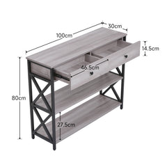 Rustic Grey Console Table with 2 Drawers & Shelves