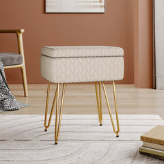 Upholstered Storage Beige Ottoman Vanity Stool