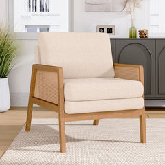 White Teddy Fleece Armchair with Rattan Panels