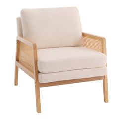 White Teddy Fleece Armchair with Rattan Panels