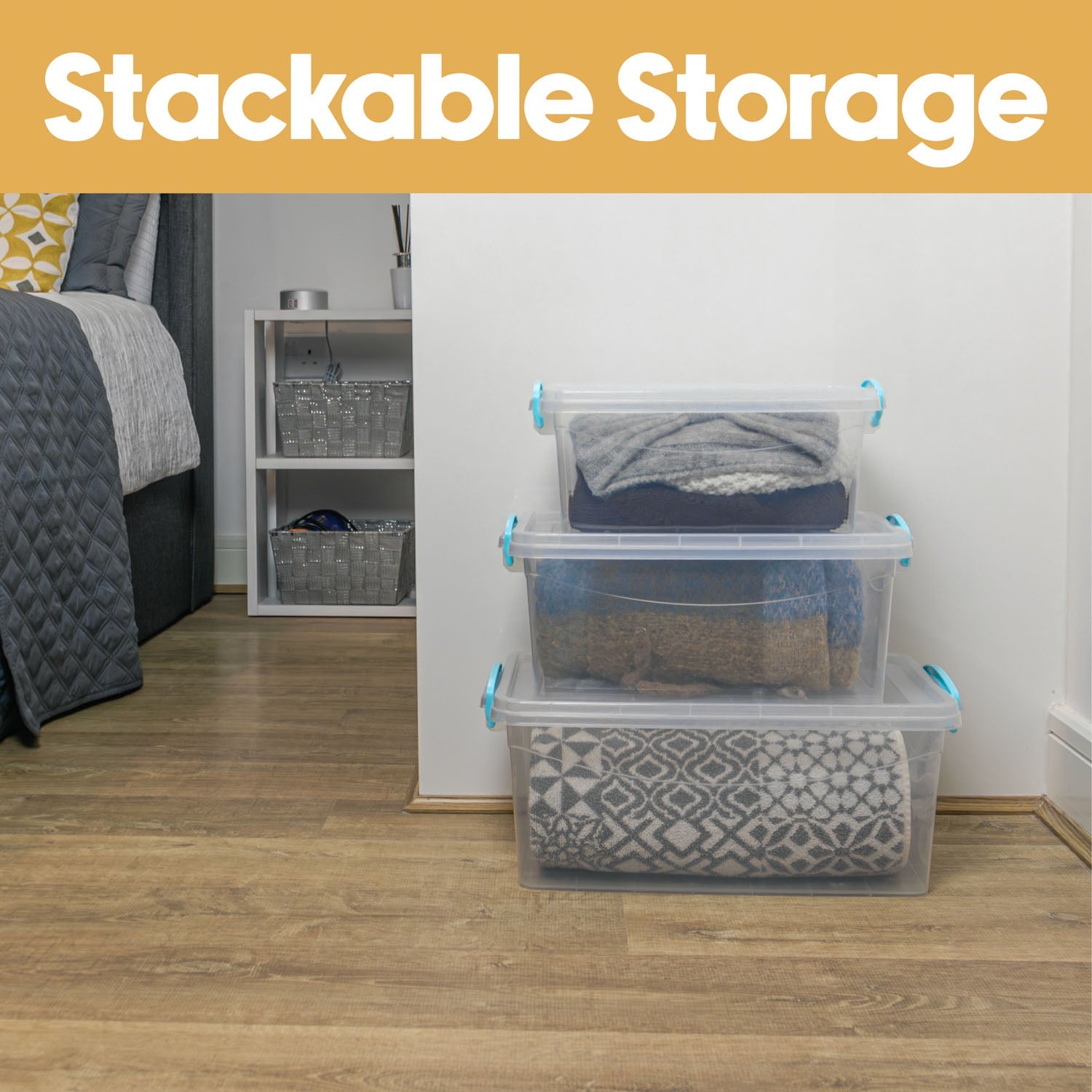 Plastic Clip Set of 3 Stackable Lidded Storage Box Set