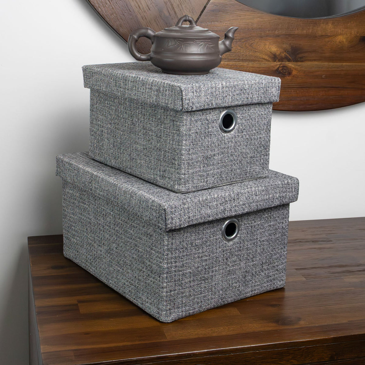 Chroma Set of 2 Rectangular Grey Storage Baskets with Lids