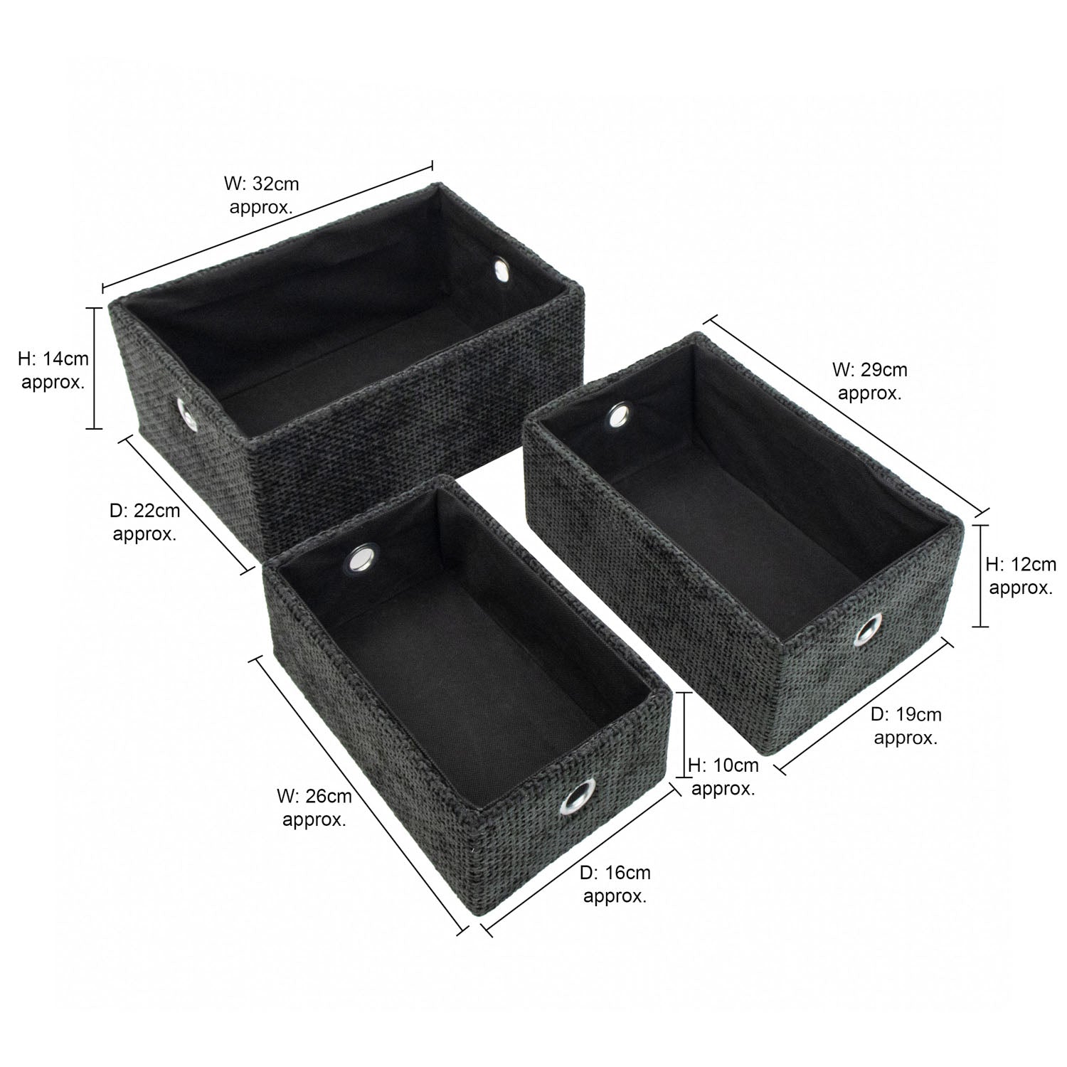 Metro Black Set of 3 Rectangular Storage Baskets