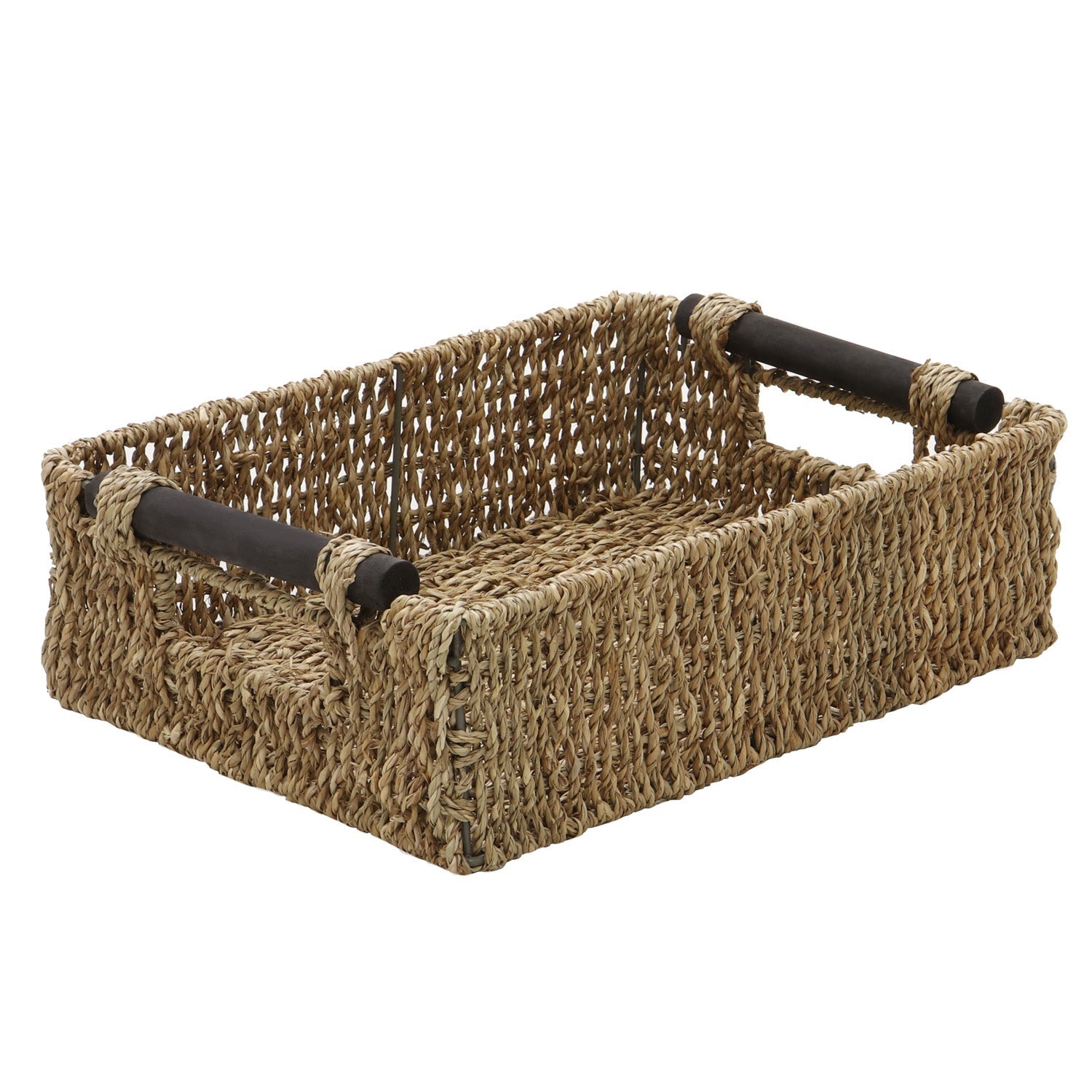 Seagrass Set of 3 Small Rectangular Storage Baskets (Wood Handles)