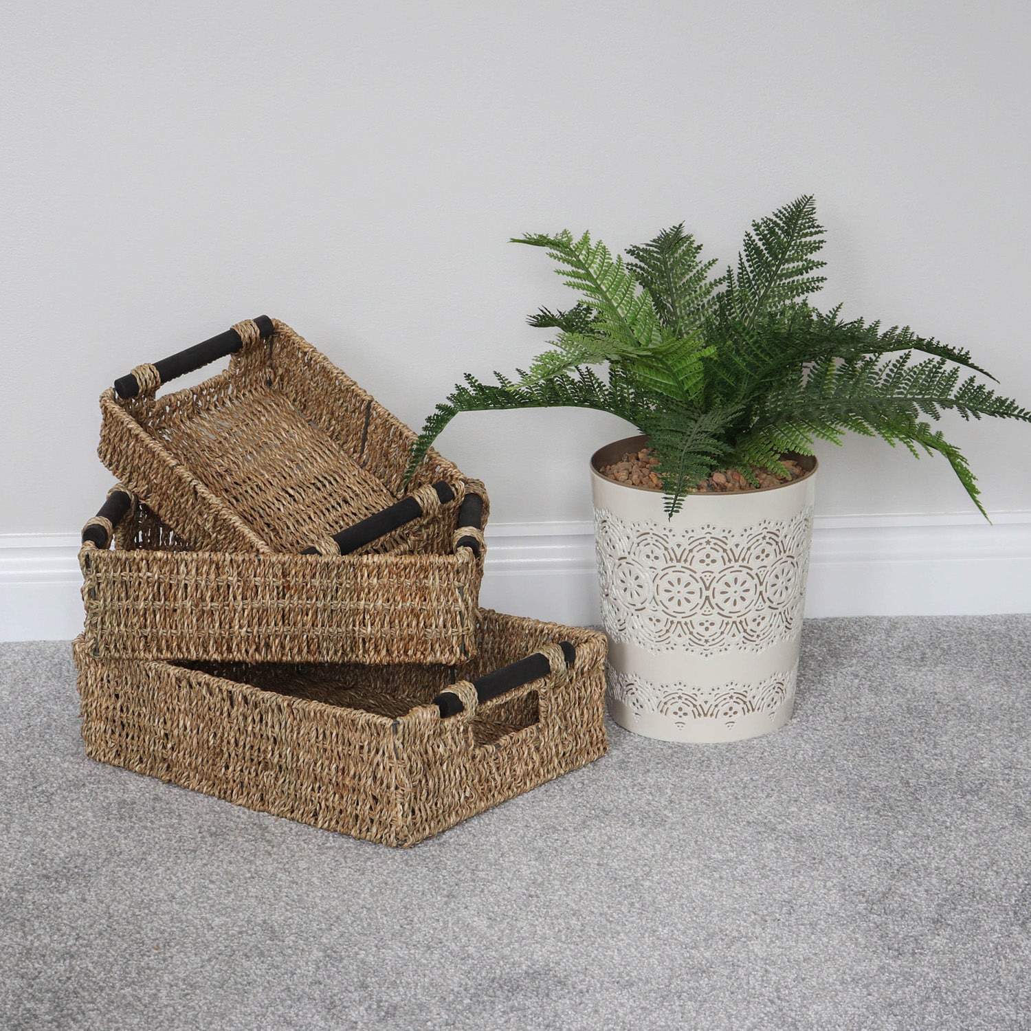 Seagrass Set of 3 Small Rectangular Storage Baskets (Wood Handles)