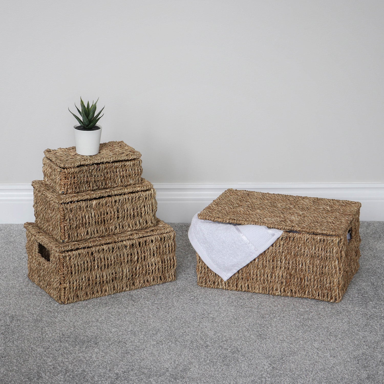 Seagrass Set of 4 Rectangular Lidded Storage Baskets