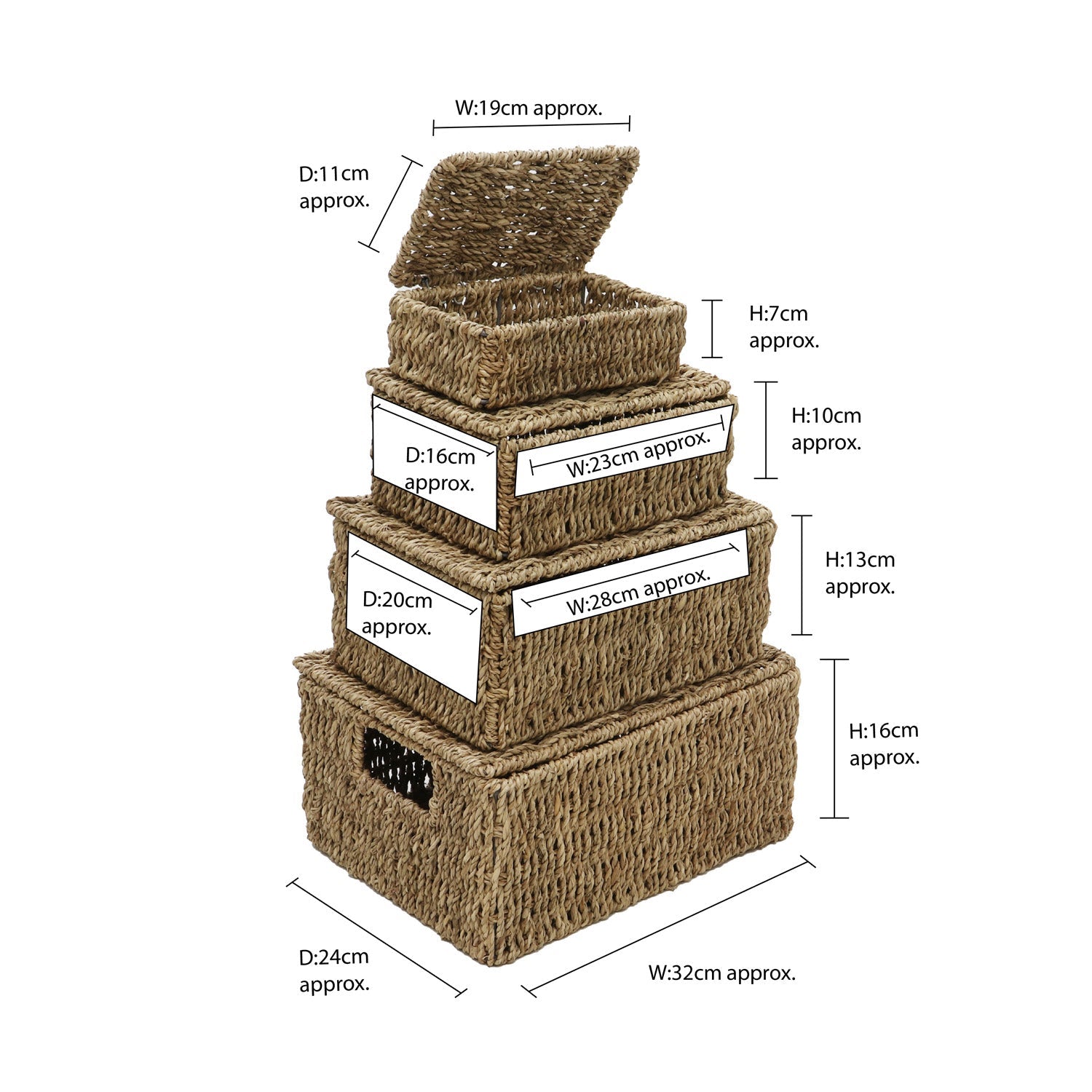 Seagrass Set of 4 Rectangular Lidded Storage Baskets