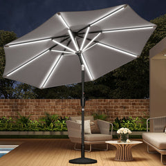 Solar LED Crank & Tilt Light Grey Parasol With Resin Floral Base 3m