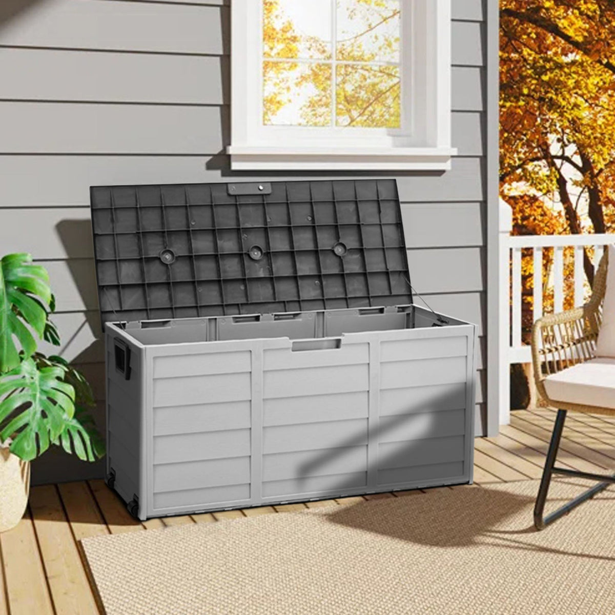 Grey Outdoor 290L Plastic Garden Storage Box With Wheels