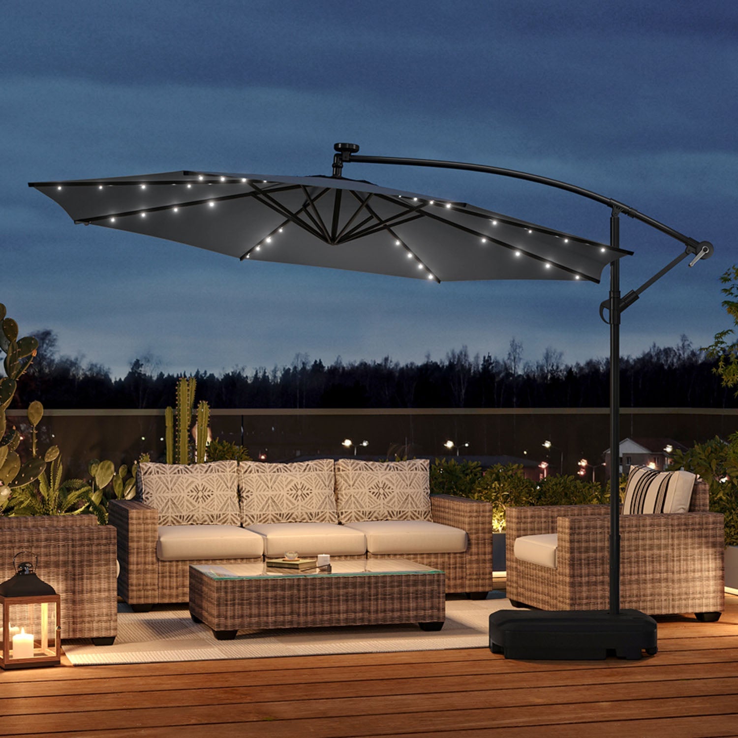 Octagonal Solar LED Crank Lift Parasol Dark Grey With Fillable Base 3M