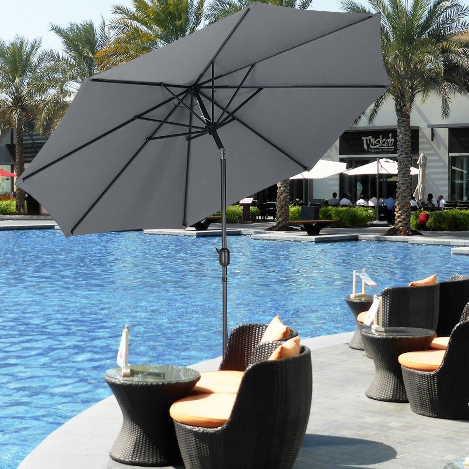 Outdoor Crank Tilt Parasol Dark Grey with Round Base 3m