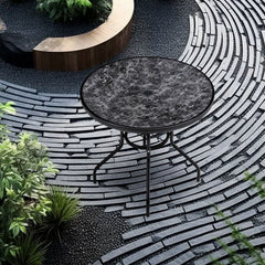 Tempered Glass Black Round Marble Effect Garden Coffee Table