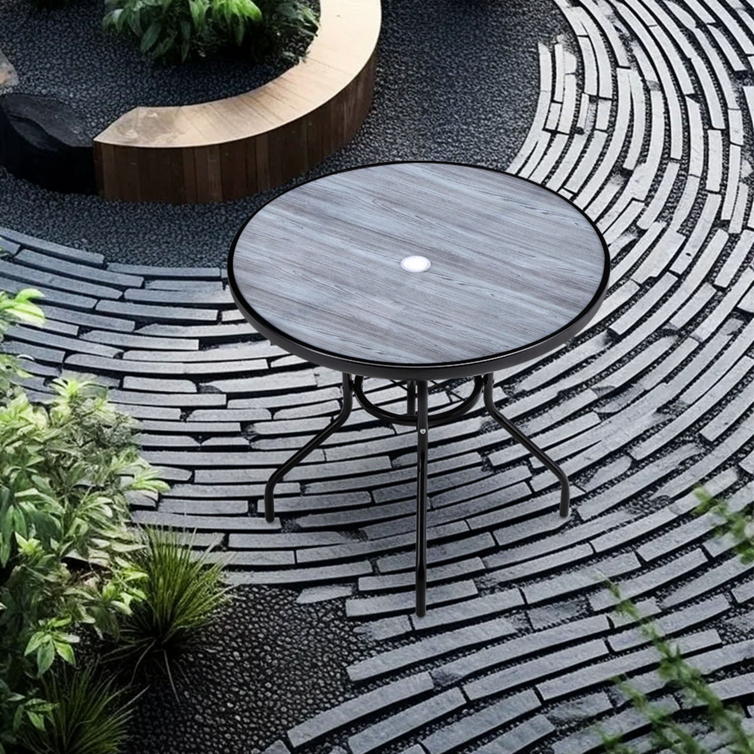 Tempered Glass Grey Round Wood Grain Coffee Table