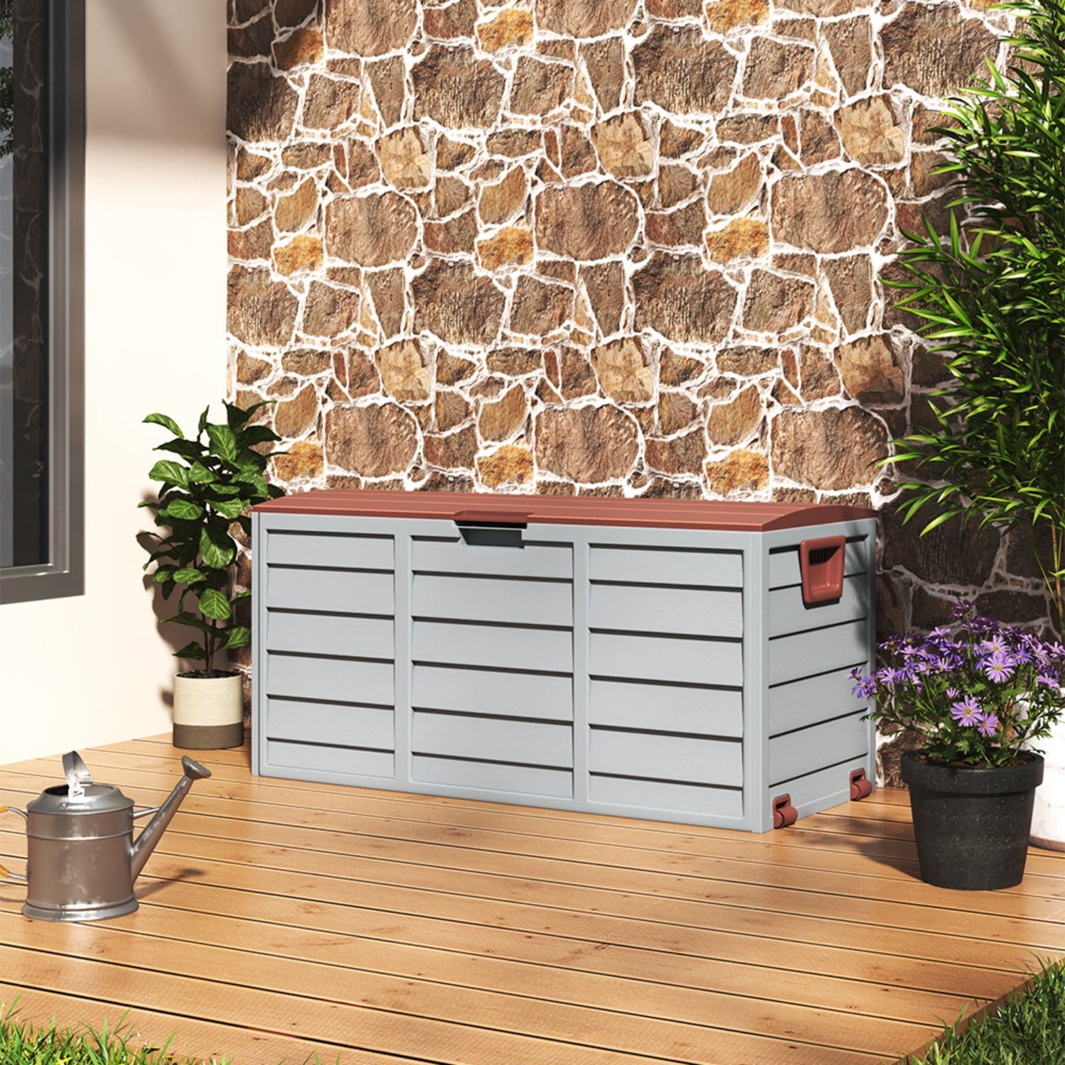 Brown Outdoor 290L Plastic Garden Storage Box With Wheels