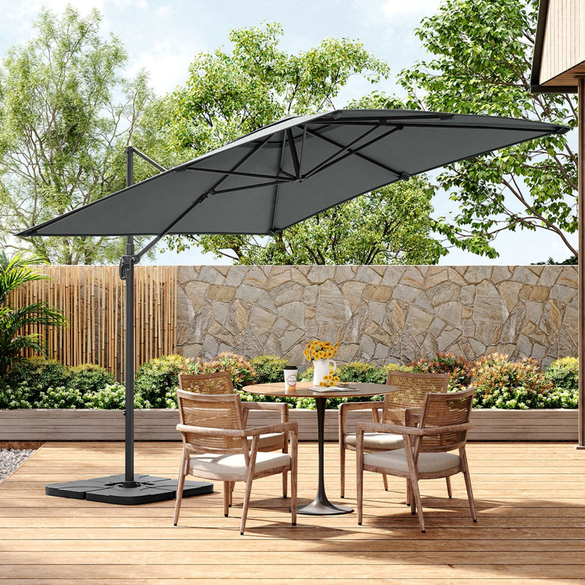 Square Cantilever 3m Crank Lift Garden Parasol Dark Grey with Square Base
