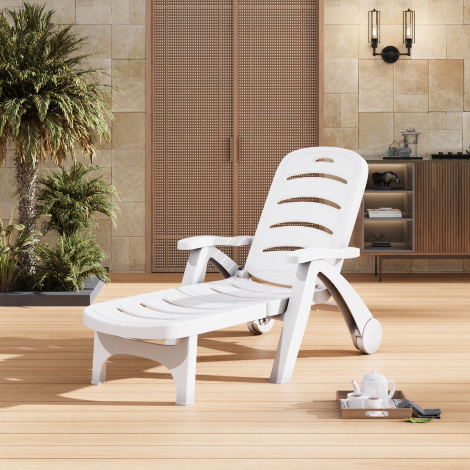 Plastic Foldable White Outdoor Lounger with Wheels
