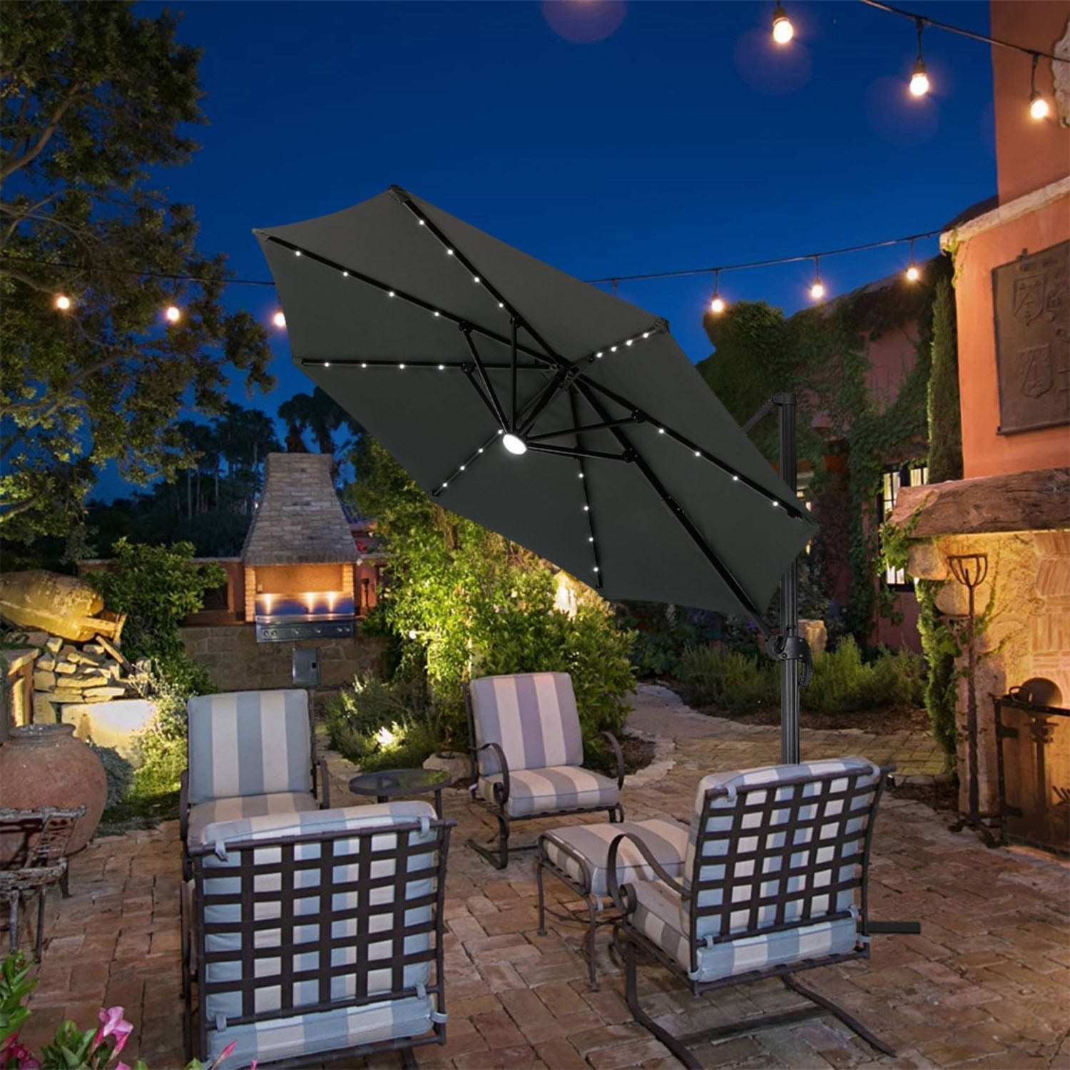 LED Round Rotatable Cantilever Parasol Dark Grey With Square Base 3M