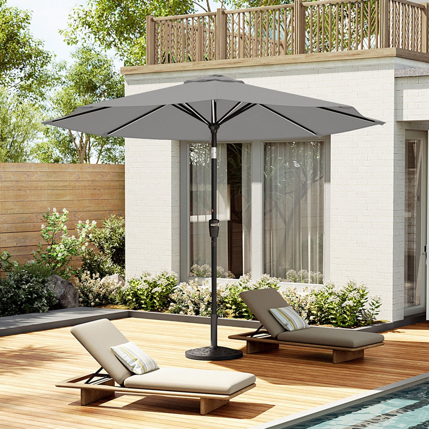 Solar LED Crank & Tilt Light Grey Parasol With Resin Floral Base 3m