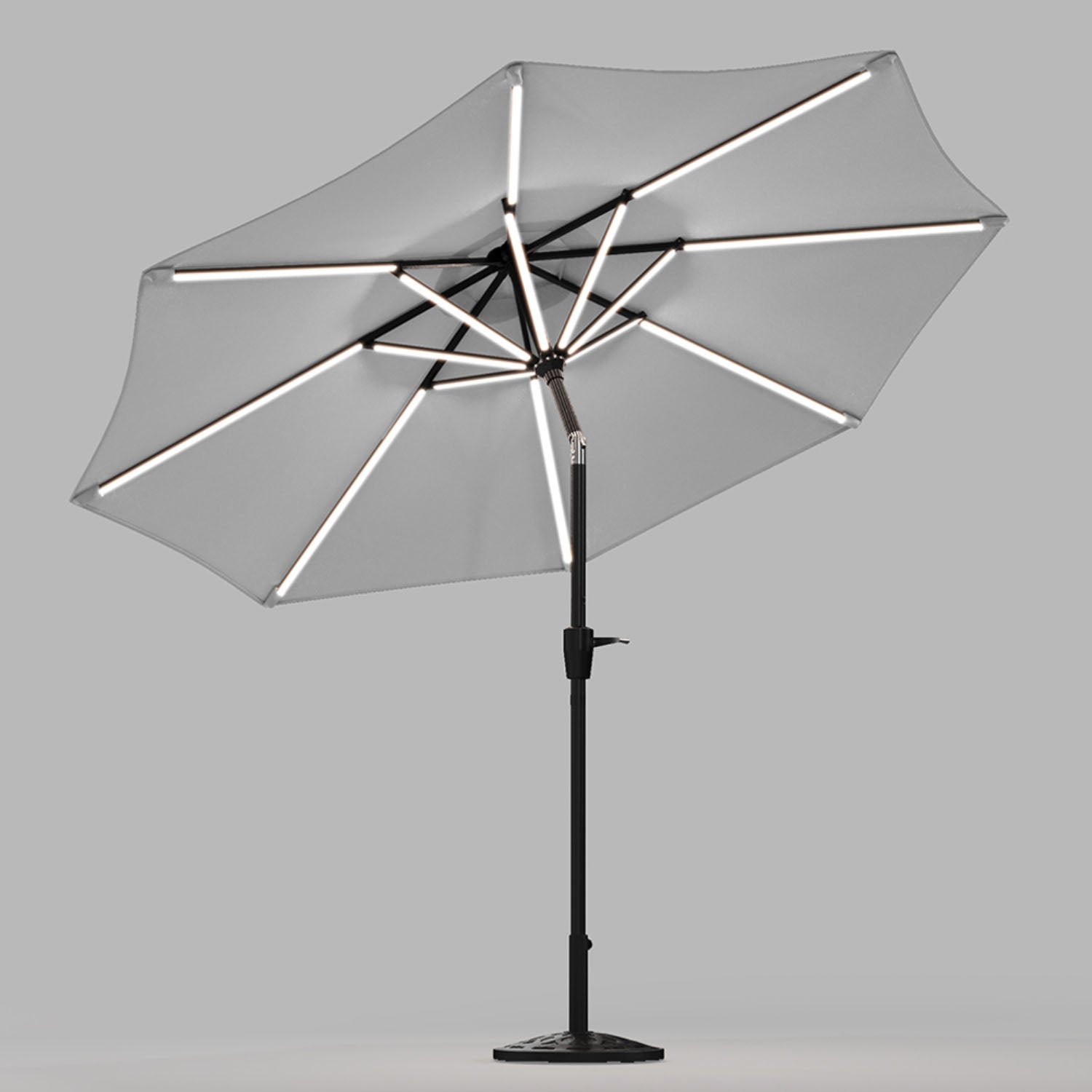 Solar LED Crank & Tilt Light Grey Parasol With Resin Floral Base 3m