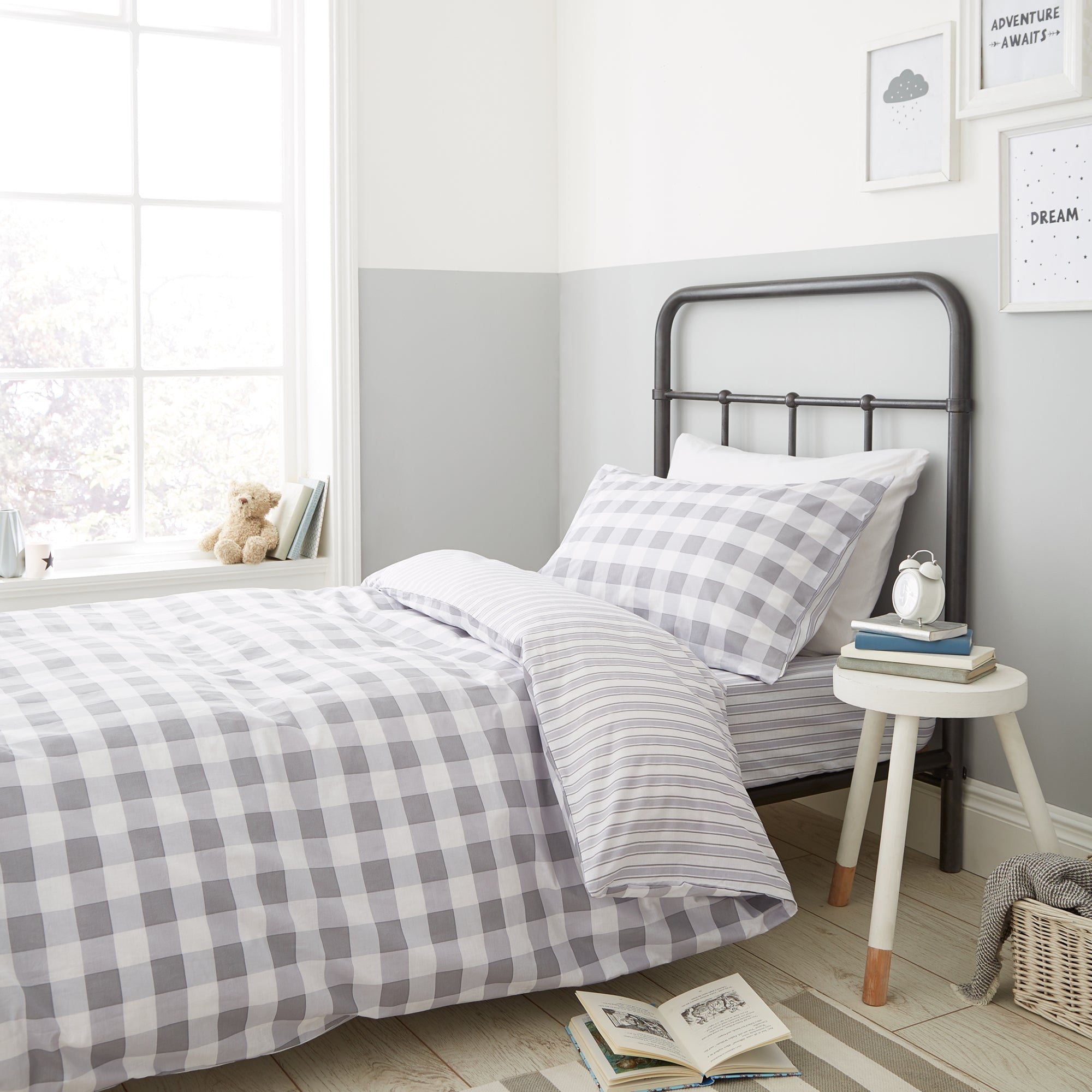 Bianca Grey Check And Stripe 100% Cotton Standard (25cm) Fitted Sheet