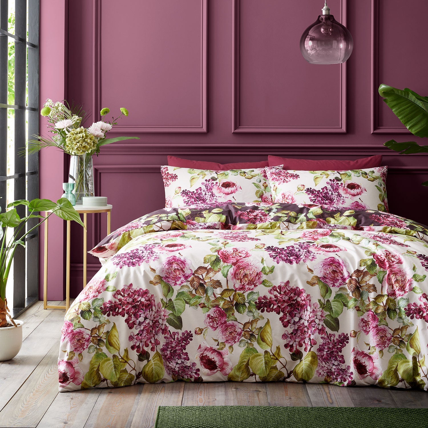 RHS Pia Floral Plum 200TC Cotton Reversible Duvet Set