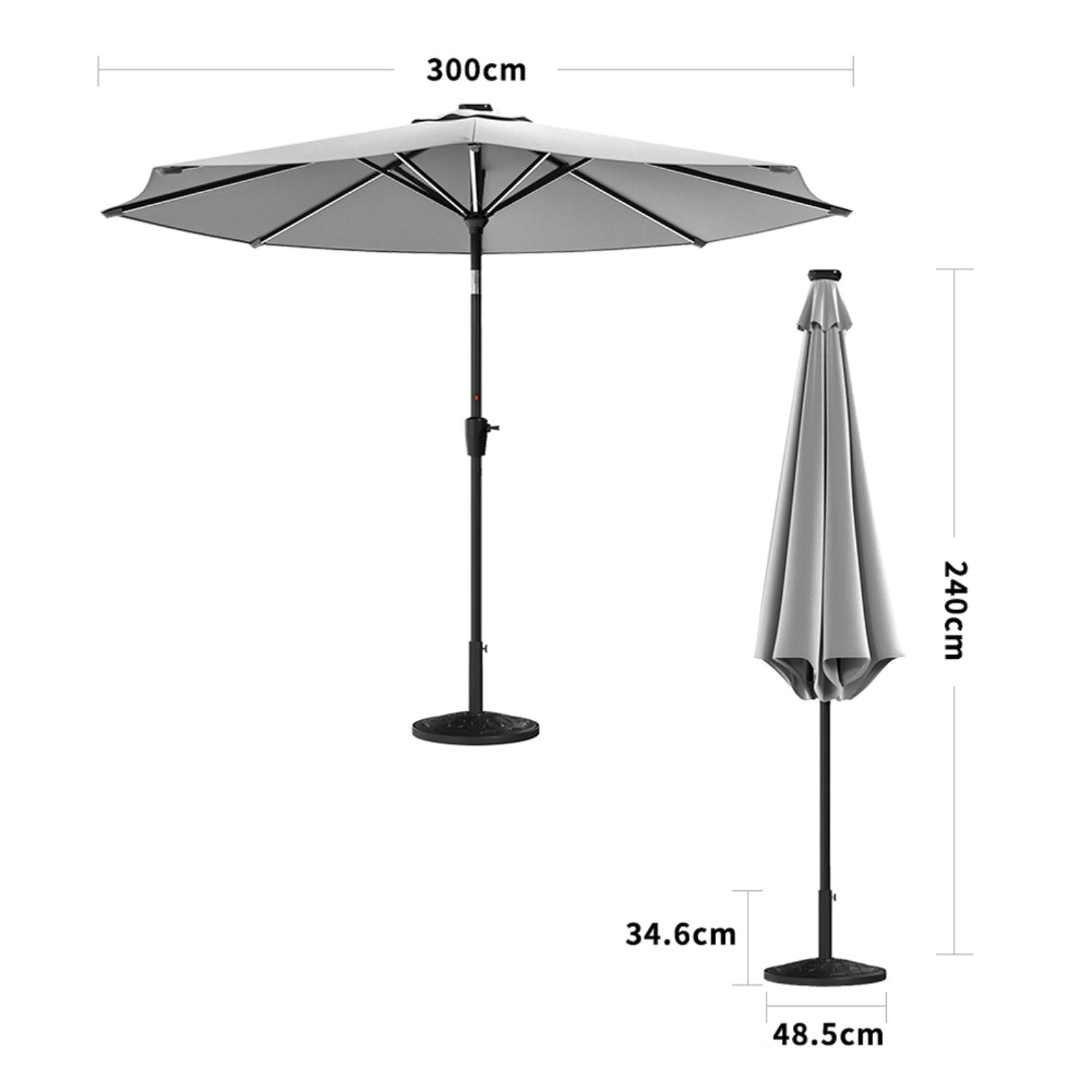 Solar LED Crank & Tilt Light Grey Parasol With Resin Floral Base 3m