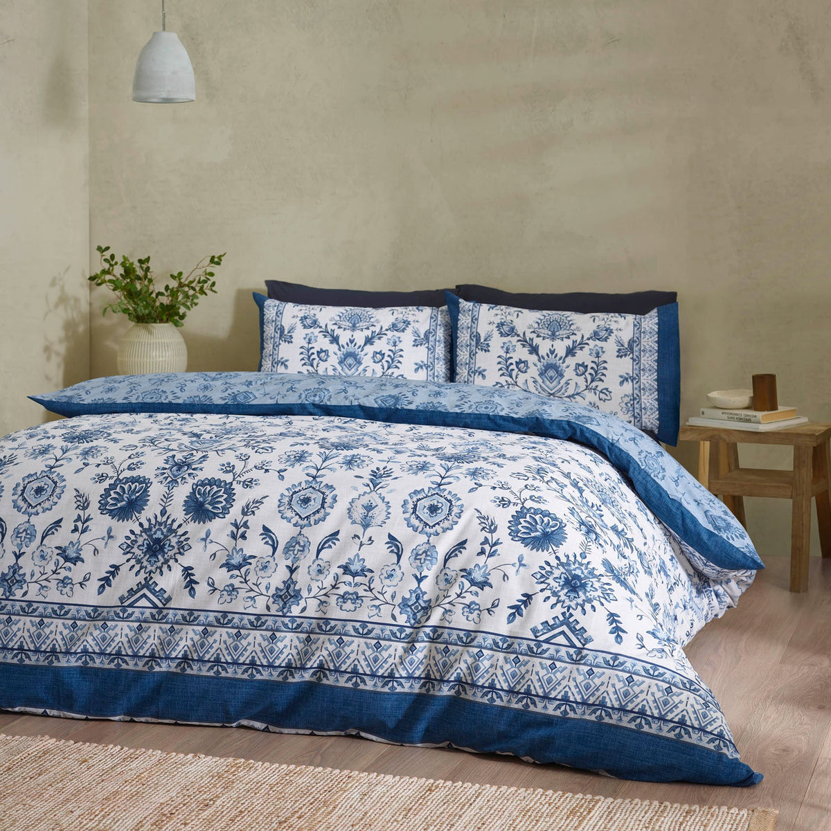 Catherine Lansfield Zoukara Blue Floral Reversible Duvet Set