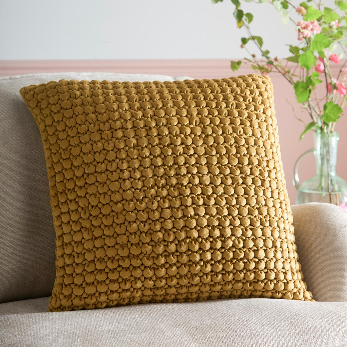 Bobble Ochre Large Velvet Cushion (55cm x 55cm)