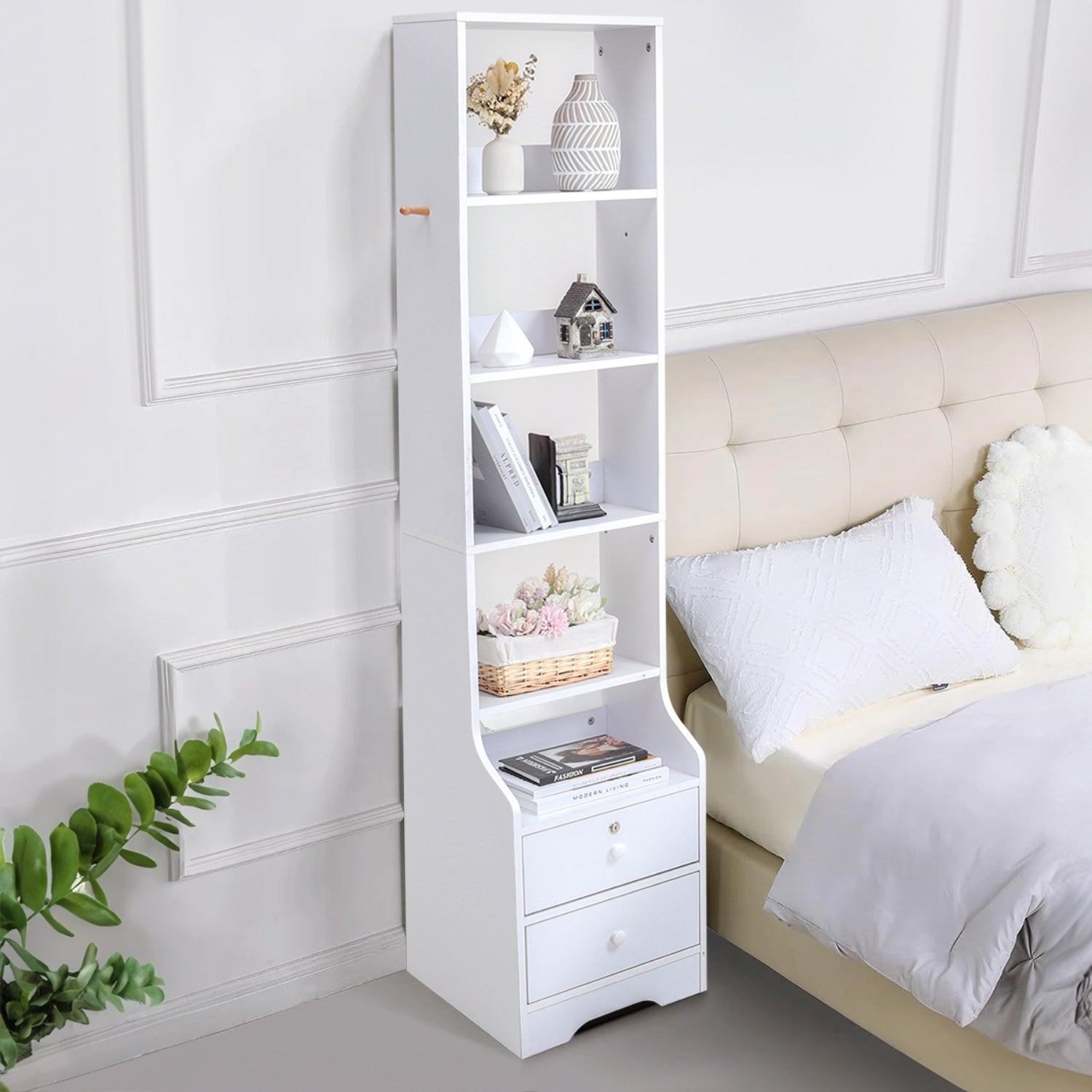 Slim 5-Tier Bookshelf with Lockable Drawers