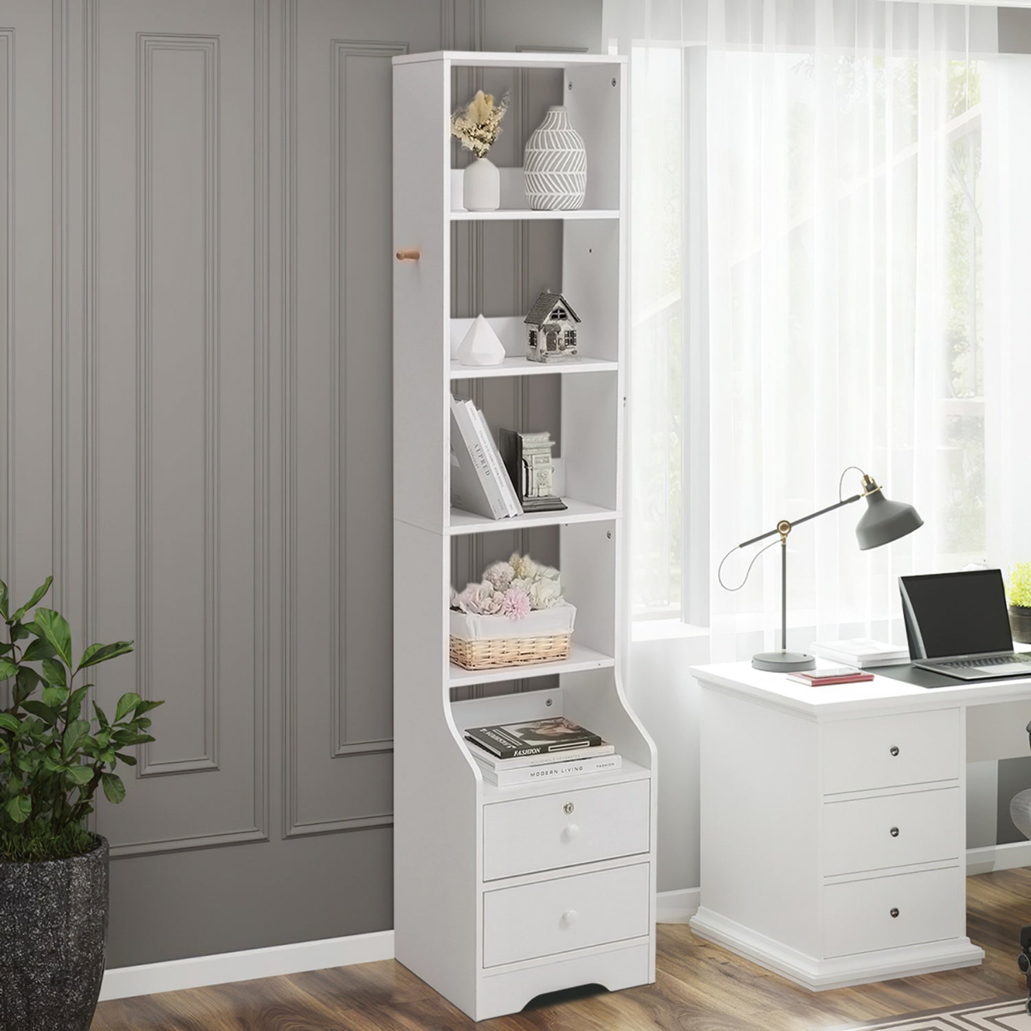 Slim 5-Tier Bookshelf with Lockable Drawers