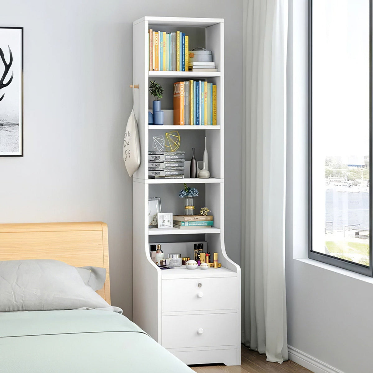 Slim 5-Tier Bookshelf with Lockable Drawers