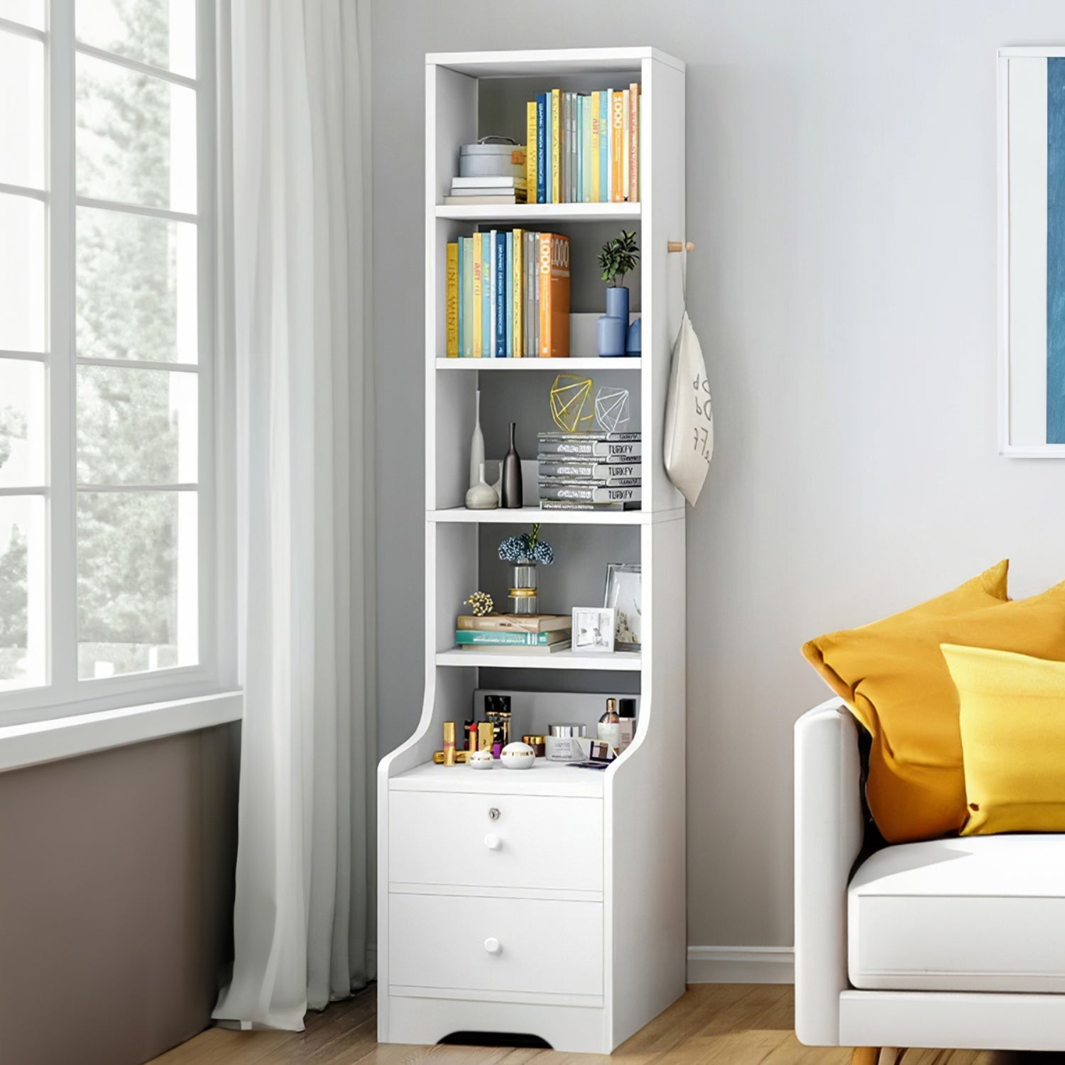 Slim 5-Tier Bookshelf with Lockable Drawers