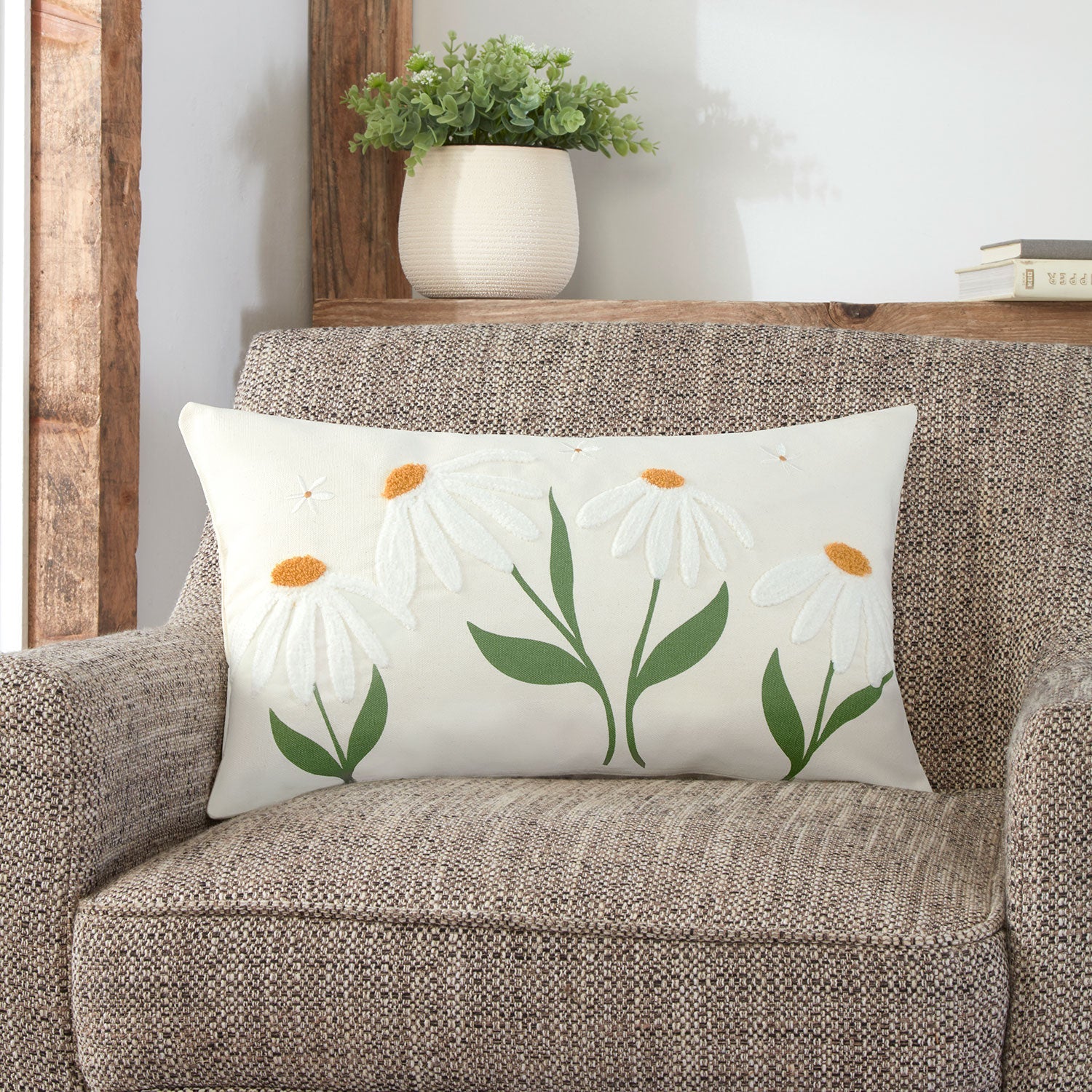 Daisy Embroidered Applique Boudoir Cushion (30cm x 50cm)