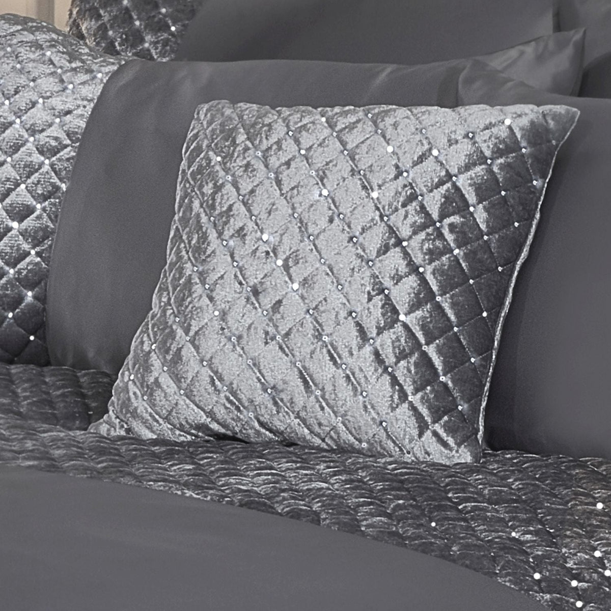 Glamour Silver Quilted Sequin Velvet Cushion Cover Pair (43cm x 43cm)