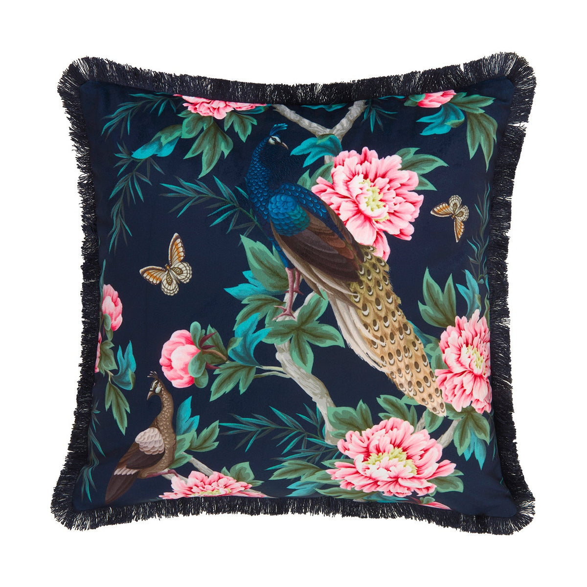 Peacock Navy Frill Edge Velvet Cushion (43cm x 43cm)