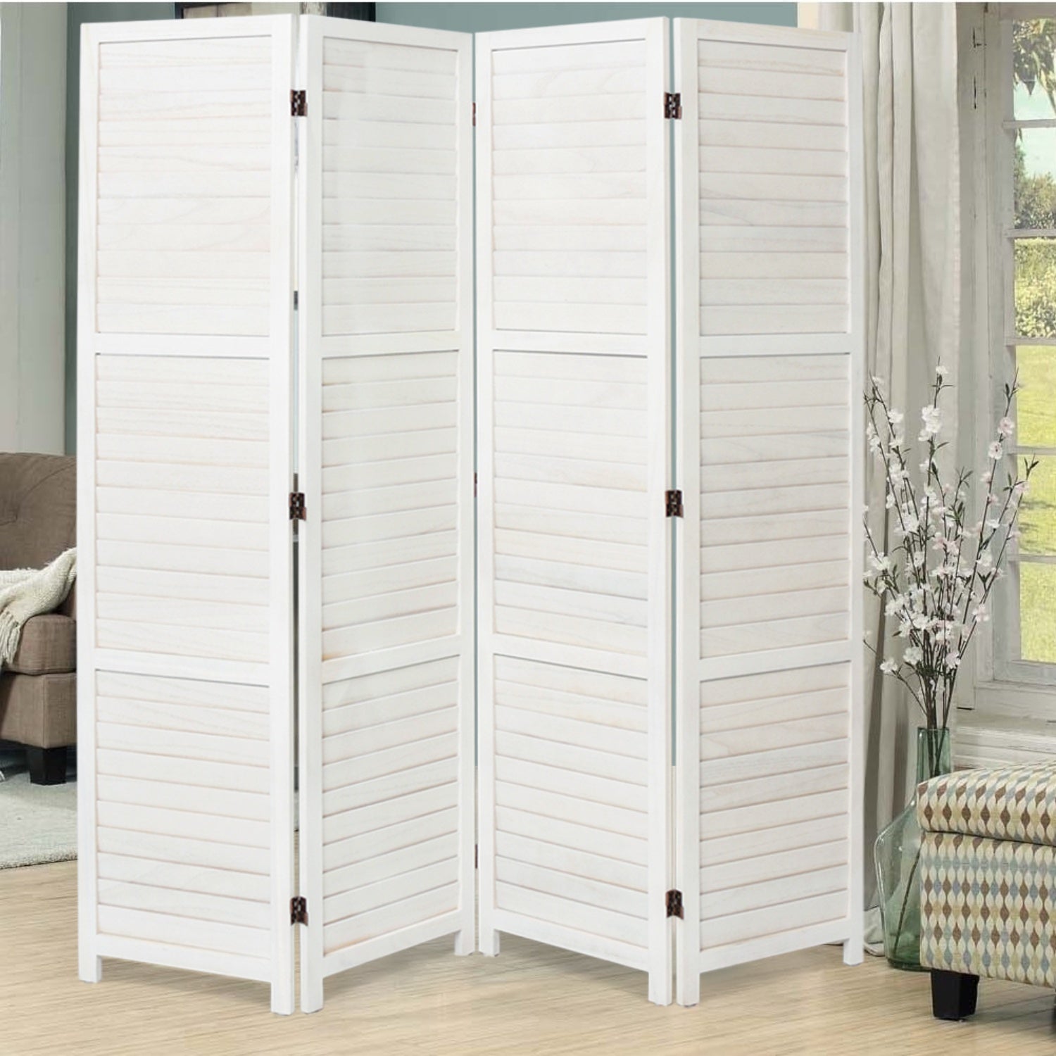 Solid Wood 4-Panel Folding Room Divider Screen