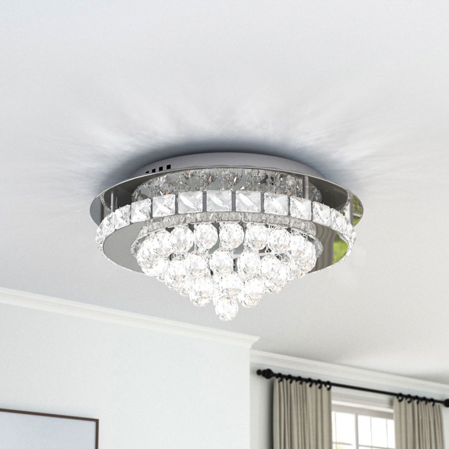 Round Crystal Droplet LED Semi Flush Ceiling Light